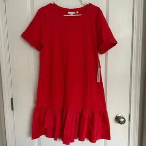 NWT Chico’s Tiered T-Shirt Dress in Flame Scarlet Red Sz 1 M Cuffed Sleeves